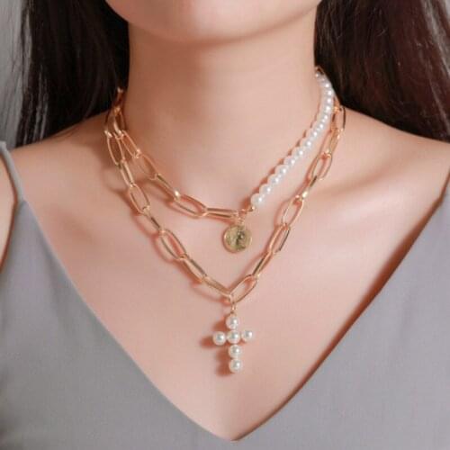 Women Multilayer Punk Irregular Pearl Cross Coin Pendant Necklaces Vintage Choker Statement Lock Chain Necklace Jewelry