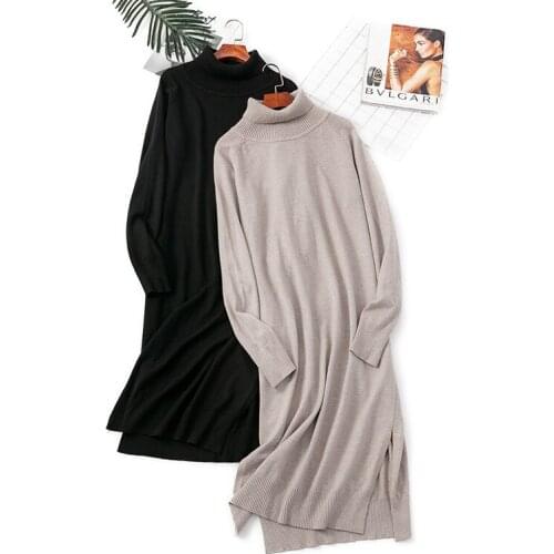 2020 Autumn and Winter Turtleneck Knit Dress Women Long Slim Fit Slit Base Sweater Dress