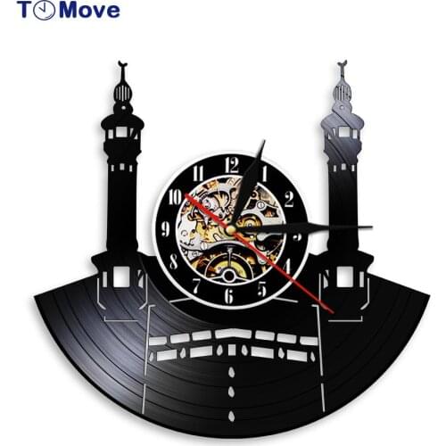 Famous City Mecca Vinyl Record Wall Clock Islamic Vintage Wall Clock Battery Operated Kaba Muslim Architecture Home Decor Gift