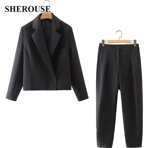 2021 Two Piece Set Suit Women Fashion Elegant Office Lady Cropped Blazer Vintage Pants Chic Woman Outfit Blazer Set Pants Suits