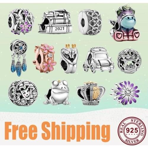 2021 New S925 Sterling Silver Electric Vehicle, Blue Daisy, Frog, Crown Mask Charm Fit Original Pandora Bracelet Women Jewelry