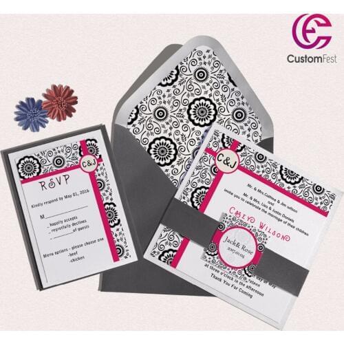 30pcs/lot color Monogram with personalized liner envelop pink and gold invitation and RSVP set L202S043