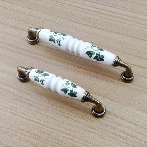 Antique Green Leaves Ceramics Furniture Hardware Handles Small Door Drawer Wardrobe Kitchen Cabinets Cupboard Dresser Pull Knobs