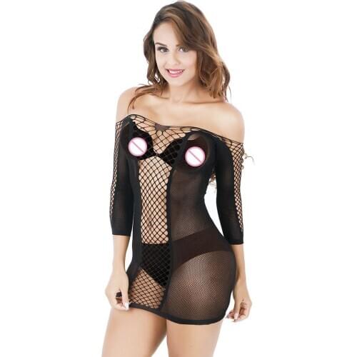 Fishnet Sleeve Erotic Sexy Lingerie Babydoll Teddy Catsuit Bodystocking Costumes Off Shoulder Dress Porn Perspective Underwear