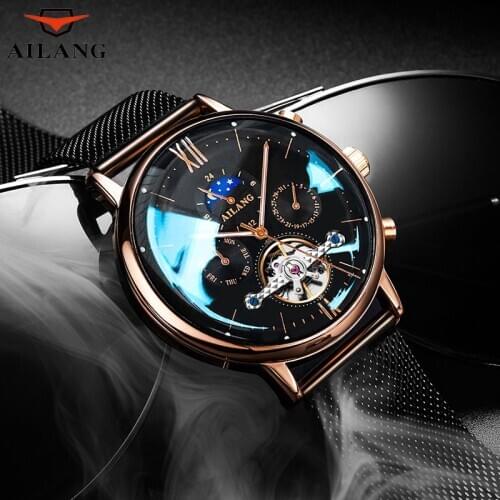 AILANG Fashion Mens Watch Tourbillon Automatic Watches New Design Moon Phase Wristwatches Waterproof Business montre homme