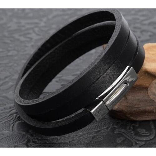 Black multilayer Genuine Leather Wristband Stainless Steel Fashion Men Womens Bracelet for gifts