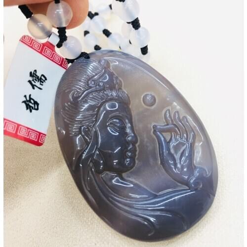Pure natural Brazilian ice bottom chalcedony Emperor purple purple Guanyin head pendant with chalcedony bead necklace