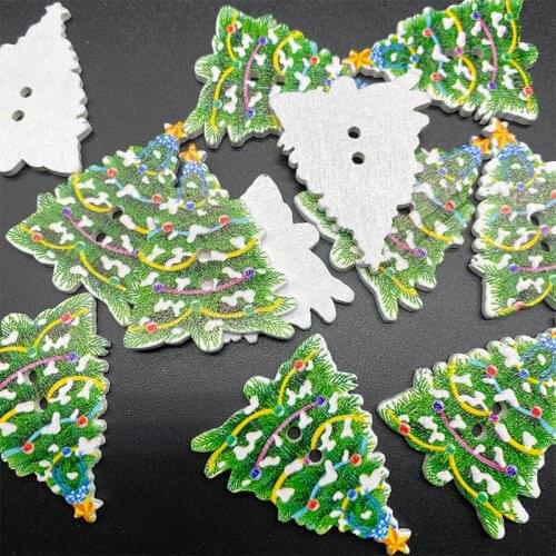 300pcs 35x25mm Wood Green Christmas Tree Buttons Embellishments Scrapbooking Xtmas Crafts Sewing 2 Holes Button