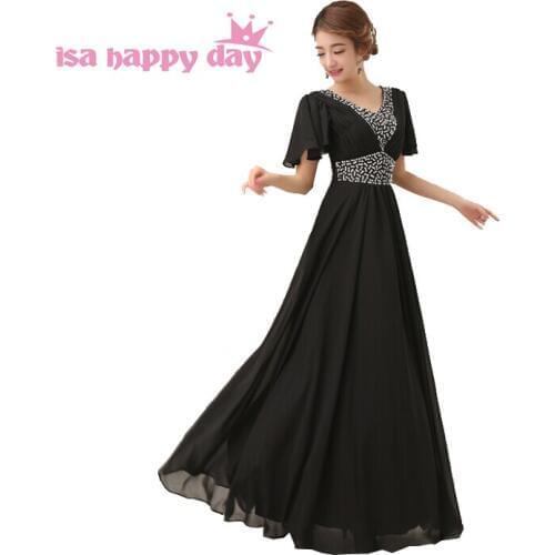 Modest all black red bridesmaid long chiffon brides maid dresses 2020 bridemaid dress party dress with cap sleeves a line H2258