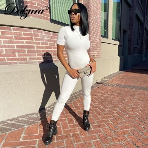 Dulzura Solid Women Short Sleeve Jumpsuit O Neck Bodycon Skinny Sexy Streetwear Casual Sporty 2021 Summer Gym Romper