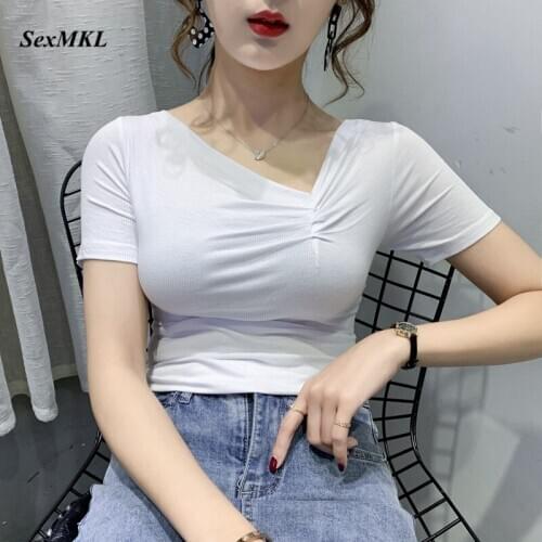 Summer Casual White T Shirts Women 2020 Fashion Short Sleeve V Neck Black Ladies Tops Clohtes Sexy Korean Slim Cotton Tshirt