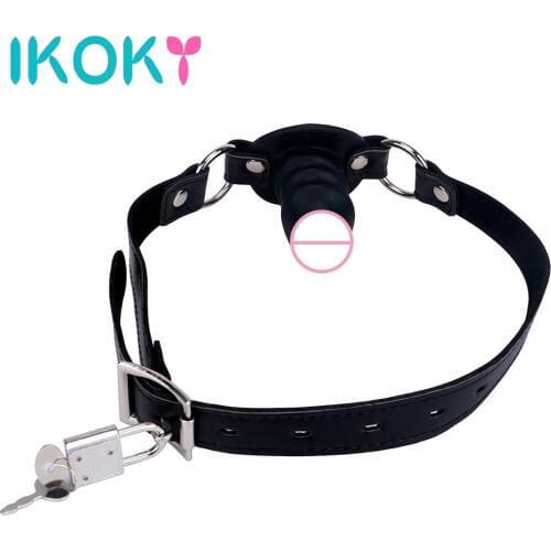 IKOKY Dildo Mouth Gag with Locking Buckles Oral Fixation 3 Colors Slave SM Bondage Fetish Sex Toys for Couples Small Penis Gag
