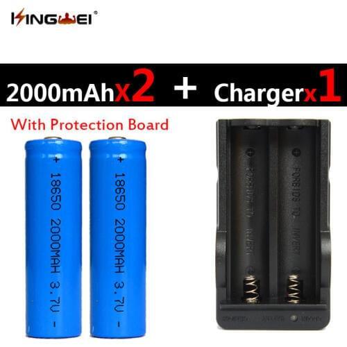 KingWei Protected 2x18650 battery 3.7v 2000mAh rechargeable Li-ion battery +1xcharger for flashlight double charger EU/US plug