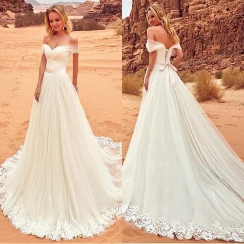 Off-the-shoulder Applique Lace edge Skirt Tulle A-line Wedding Dress 2021 Wedding Gowns Decorated With Satin Sashes vestido casa