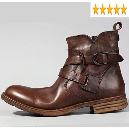 Brand Leather Luxury Genuine Men Round Toe Buckle Strap Sewing Fashion Japan Style 2021 New Work Boots Shoes Mens
