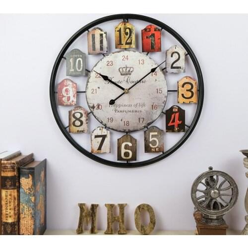 20 inch American wrought iron antique wall clock, circular hollow metal DIY clock, living room clock wall clocks Decorate