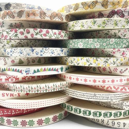 5yards 15mm Christmas/Butterfly/Flower Printed Polyester Cotton Ribbon DIY Wedding Christmas Party Gift Wrapping Supplies
