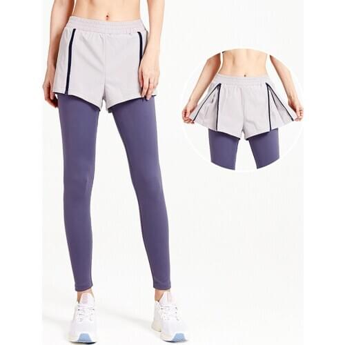 Naked-feel Fake Two-Piece Yoga Pants High Waist Tight Fitness Pants Running Stretch Sports Trousers Workout Leggings