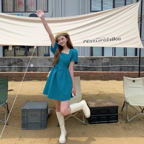 Dresses Square Neck Halter Lace-up Short-sleeved Dress Womens Summer New Korean Style High-waist Slim Short Skirt Trend