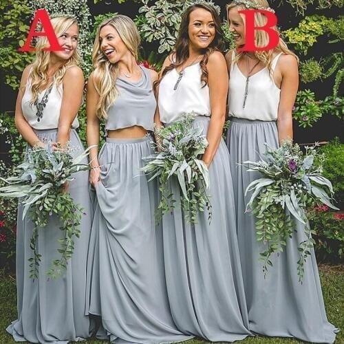 Hot Sale Long Design Party Dresses Bridal Silver Chiffon vestidos de festa Cheap Sample Two Pieces Plus Size bridesmaid dresses