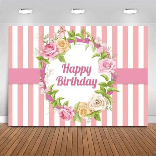 Pink White Striped Lines Photo Background Flowers Circle Floral Kids Birthday Party Decor Photography Backdrops