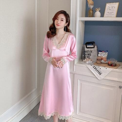 Sexy V Neck Lace Sleepwear Dress Women Autumn Long Sleeve Solid Night Dress 5XL Plus Size Lingere Elegant Ladies Nightgowns