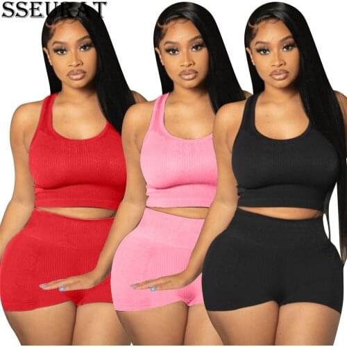 SSEURAT Women Set Solid Sleeveless Crop Tank Tops Strechy Shorts Two 2 Piece Sets Fitness Sporty Outfit Summer