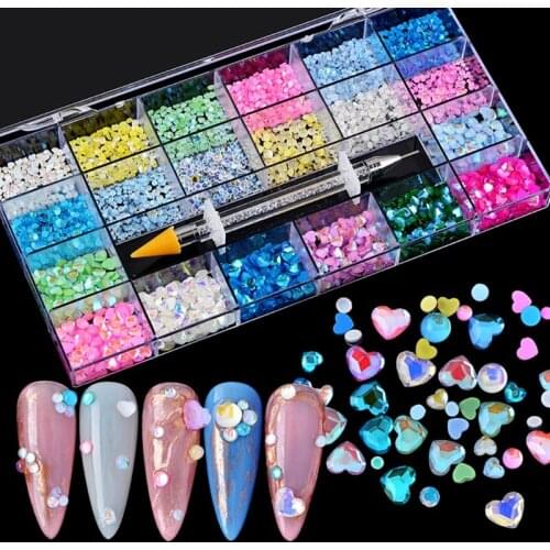 Q1QD 21 Grids Glass Crystals Nail Art Mix Sizes Flat Back Decoration Set with Rhinestone Dotting Pen DIY Accessories