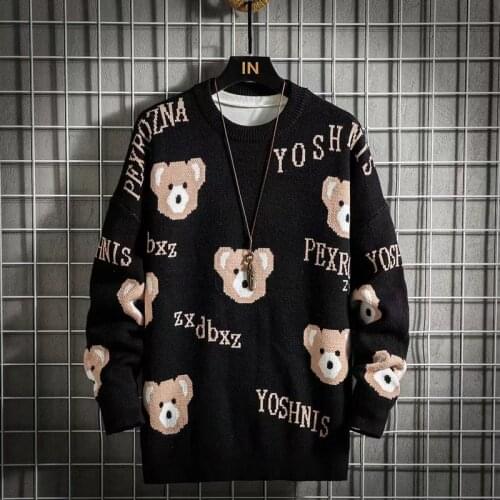 Mens Cute Bear Winter Keep Warm Sweater Fashion Knitted Sweater Korean Clothes Black Vintage Mens Clothing Japanese Streetwear