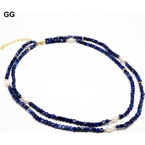 GuaiGuai Jewelry 2 Rows Natural Faceted Blue Lapis Real White Rice Freshwater Pearl Choker Necklace 18" Cute Style For Women