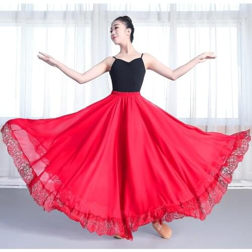 TingYiLi Lace Hem Long Maxi Skirts Womens Spring Summer Big Swing Dance Skirt Holiday Beach Retro Red Green Black Chiffon Skirt