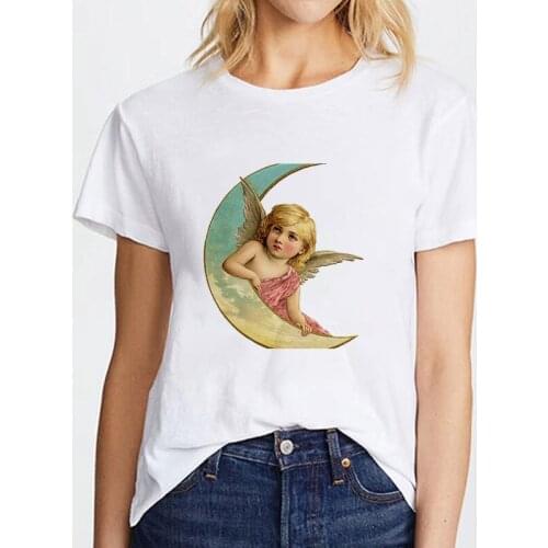 New Summer T-Shirt Cute Angel Print Tshirt Woman Clothing Cartoon graphic tee Harajuku Short sleeve Tshirt Female Streetwear Top