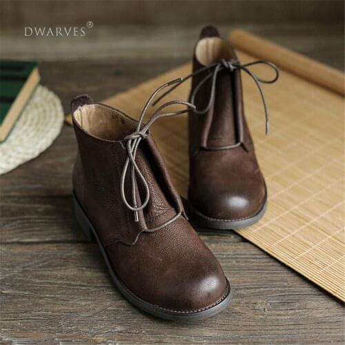 WomenS Ankle Boots Leather Round Toe Retro Flat Shoes Casual Martin Boots Black/Coffee