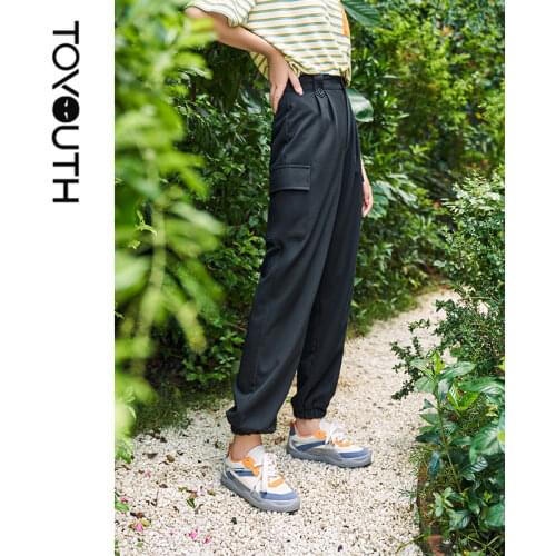 Toyouth Women Trousers 2021 Autumn Big Pockets Elastic Waist Solid Black Streetwear Chic Casual Long Pants