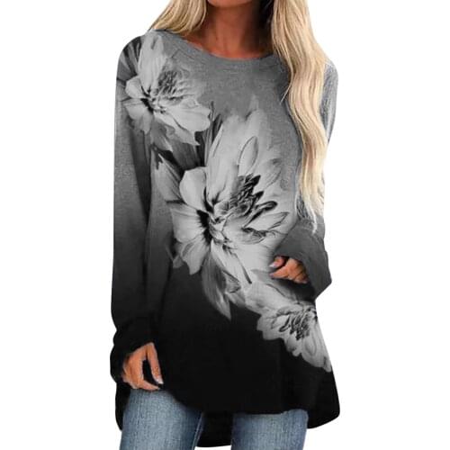 Women Flower Printed Shirts Long Sleeve O-neck Tops Tee T-shirt Vintage Casual Loose Camisetas De Mujer Retro T Shirt Women