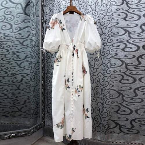Ethnic Style Vintage Print Cotton Linen White Dress Summer Womens Sexy V-Neck Puff Sleeve Elegant Party Long Dresses Vestidos