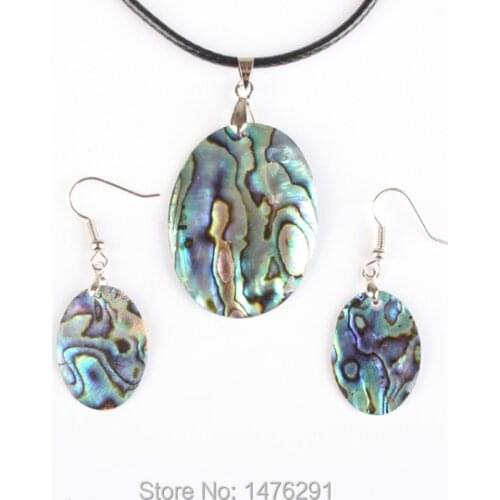 New Natural Abalone Shell Oval Blue Thin Beads Pendant Necklac & Earring 1 Set