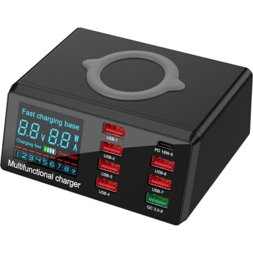 100W 8 Port USB Charger Hub PD Quick Charge 3.0 Adapter LED Digital Display Desktop Charging Station Wireless Charger