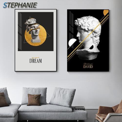Abstract Yellow Black Canvas Painting Modern David Statue Poster Print Nordic Wall Art Pictures for Living Room Creative Tableau