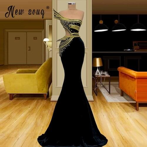 Velvet Black Mermaid Evening Dress 2021 African Gold Formal Prom Gown for Party Robe Soiree Pageant Celebrity Dresses
