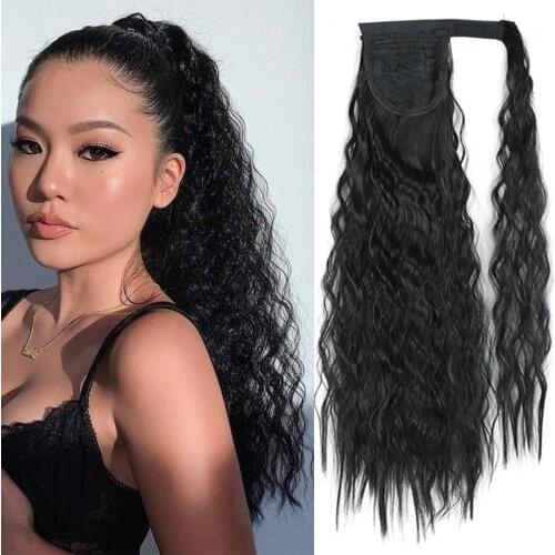 Long Corn Wavy Ponytail Synthetic Hairpiece Wrap on Clip Hair Extensions Ombre Brown Pony Tail Blonde Fack Hair