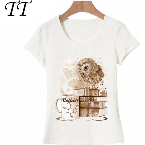 Vintage Owl Design T-Shirt Summer Fashion Women t-shirt Coffee Obsession Owl Print T Shirt Casual Tops Cute Female Tees