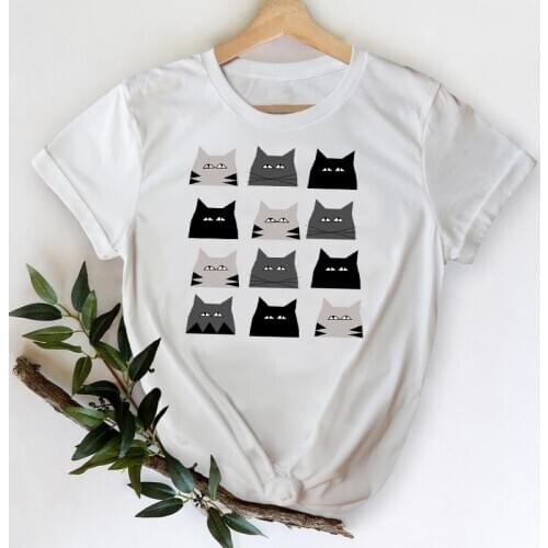 T-shirts for Women 2021 Cat Face Funny Cartoon Girl Printing 90s Spring Summer Top Lady Print Graphic Tshirt Female Tee T-Shirt