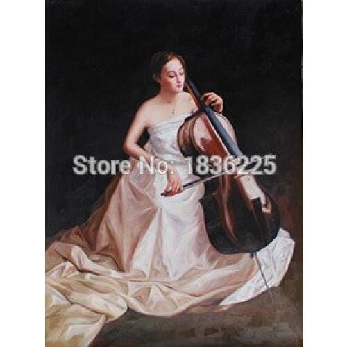 Handmade oil painting beautiful Chinese girl with musical instrument cello music oil painting for living room decoration