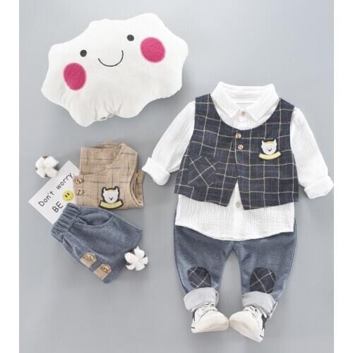 Baby Boy Clothing Sets Male Children Clothes Suits Kid British Style Gentleman Style Vest Coat T Shirt Pants Grid Infant Clothes