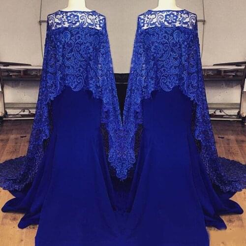 Royal Blue Lace Evening Dresses Mermaid Strapless Neckline Sweep Train dubai abaya Arabic Party Prom Gowns With Cape