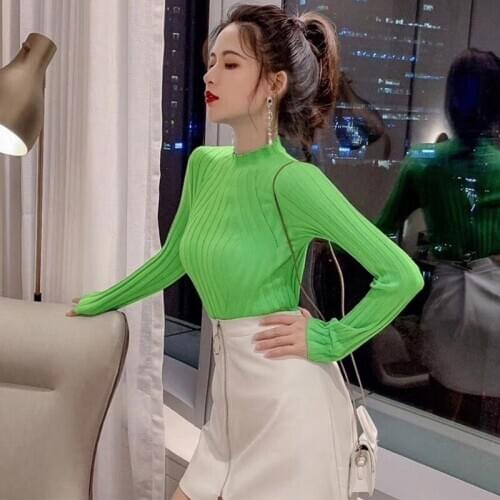 Hot Sale Wholesale Autumn Winter Women Pullovers Sweater Knitted Elasticity Casual Jumper Slim Knit Turtleneck Free Style New