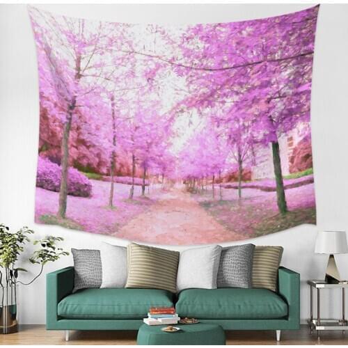 Oil Painting Style Cherry Blossom Trail Full Of Flowers Wall Tapestry Cover Beach Towel Picnic Yoga Mat Home Decoration
