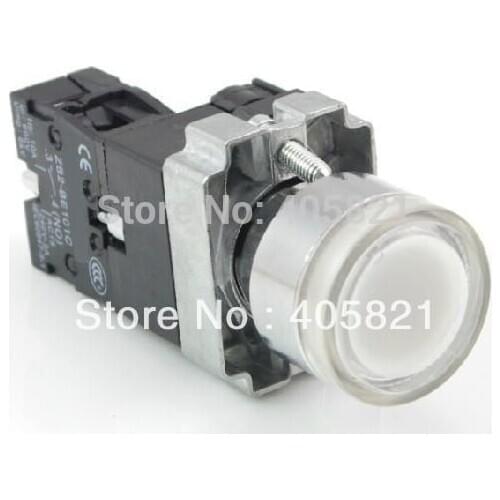 Momentary White Flush Pushbutton Switch With Pilot Light AC220V 1N/O 22MM Spring Return