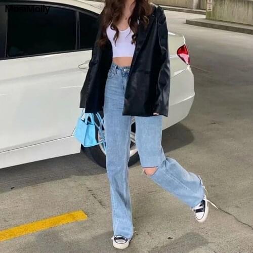 MosiMolly Ripped Washed Blue Denim Jeans Women Tassels Distressed Denim Jeans Pants Female Bottom 2021 Vintage Denim Pants